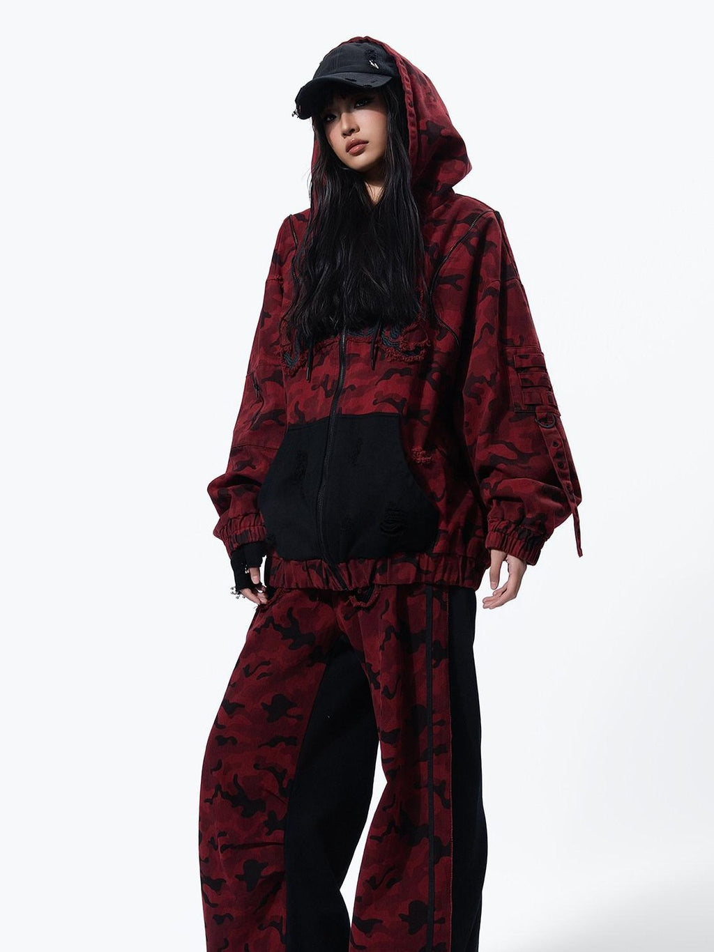MOGONGSHE Red Camo Distressed Oversized High Street Women's Denim Jackets