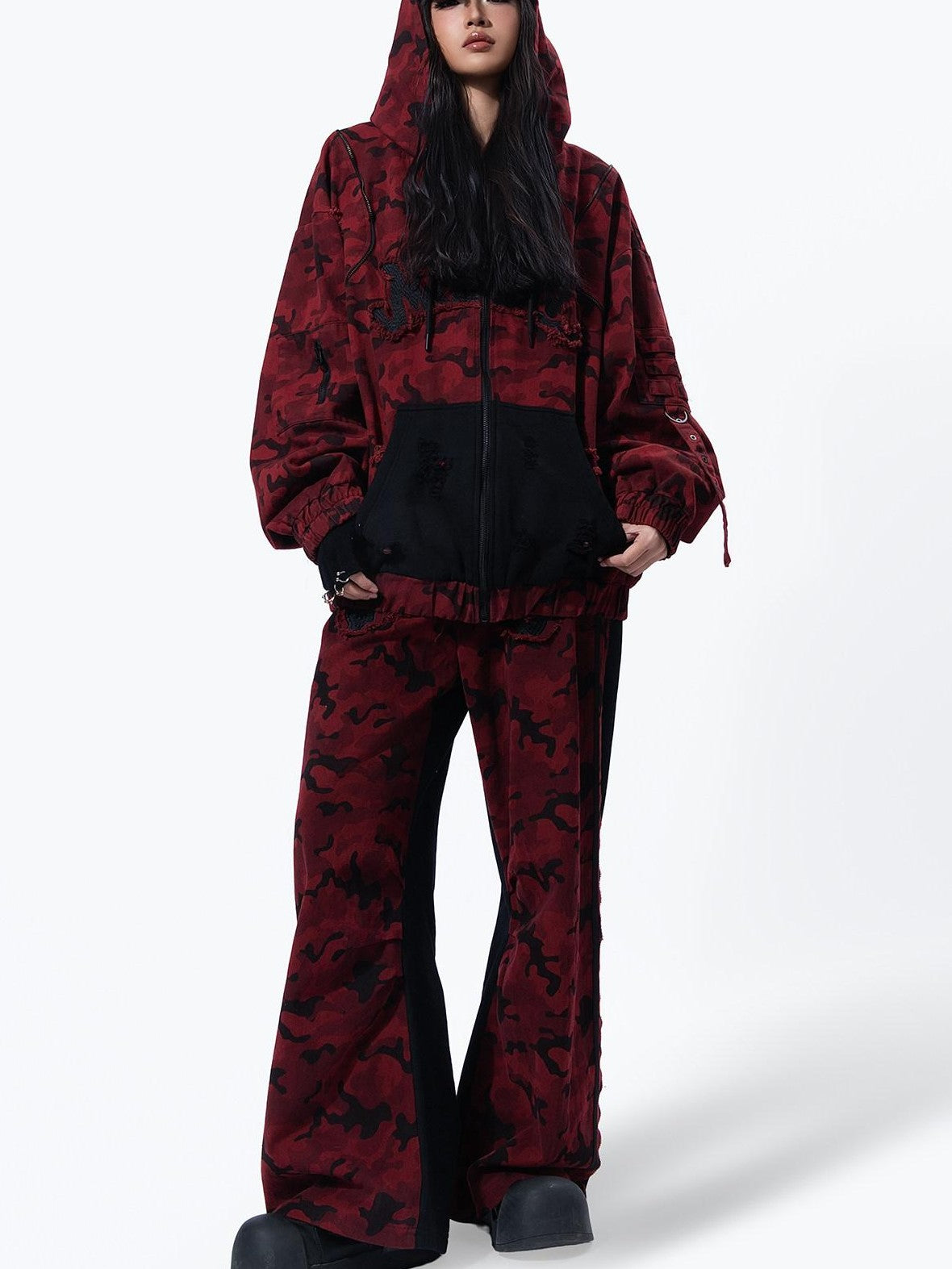 MOGONGSHE Red Camo Distressed Oversized High Street Women's Denim Jackets