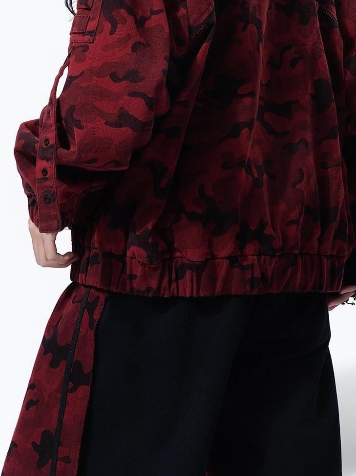 MOGONGSHE Red Camo Distressed Oversized High Street Women's Denim Jackets