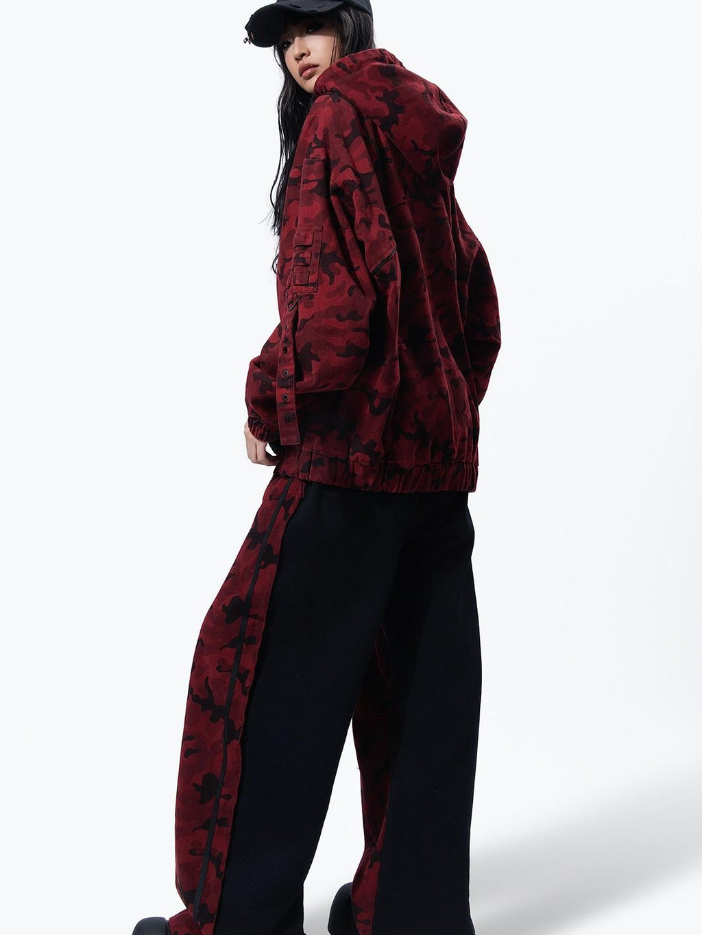 MOGONGSHE Red Camo Distressed Oversized High Street Women's Denim Jackets