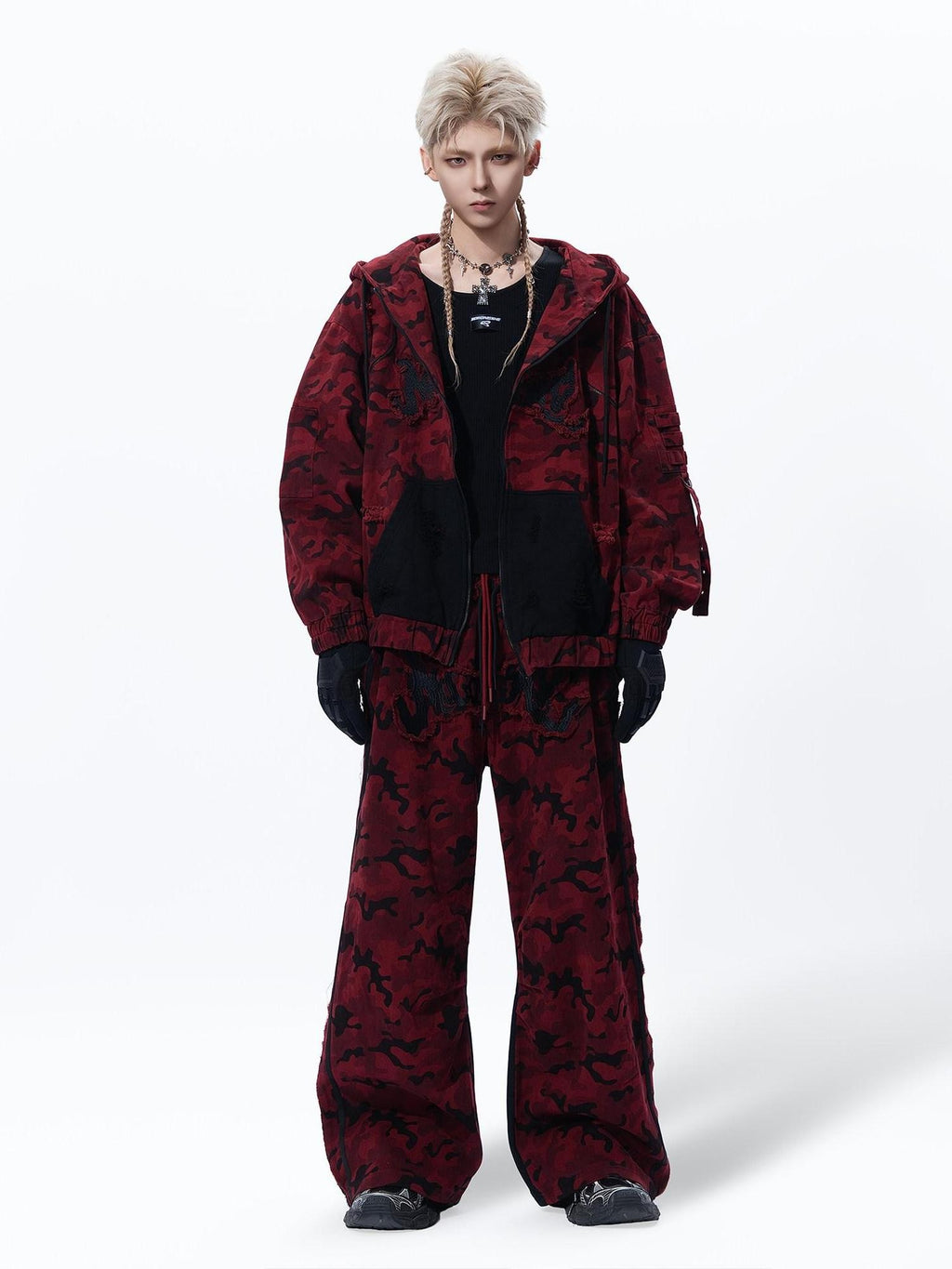 MOGONGSHE Red Camo Distressed Oversized High Street Women's Denim Jackets