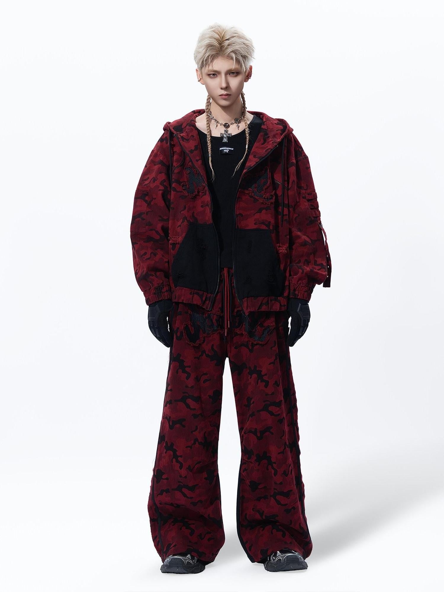 MOGONGSHE Red Camo Distressed Oversized High Street Women's Denim Jackets