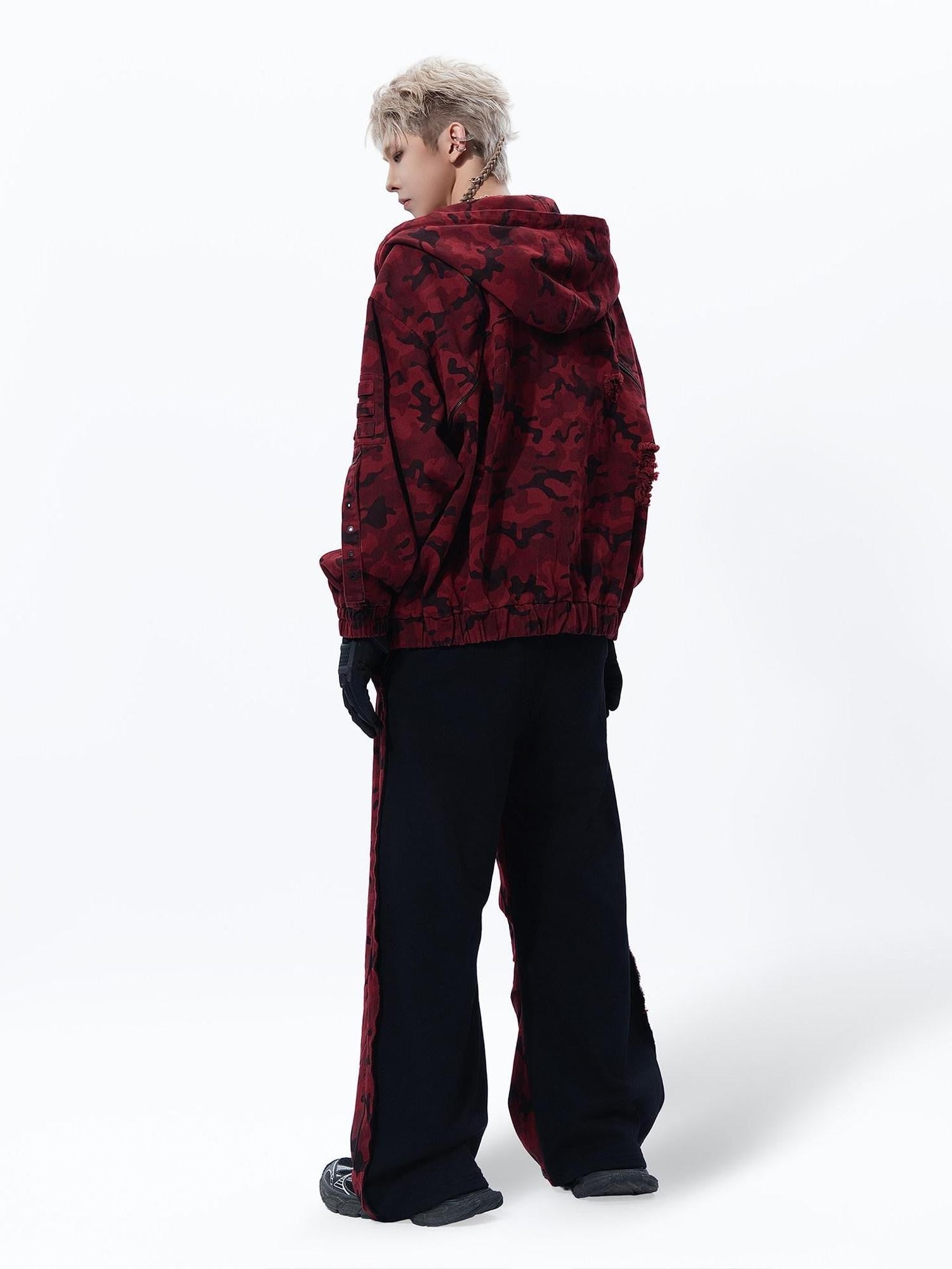 MOGONGSHE Red Camo Distressed Oversized High Street Women's Denim Jackets