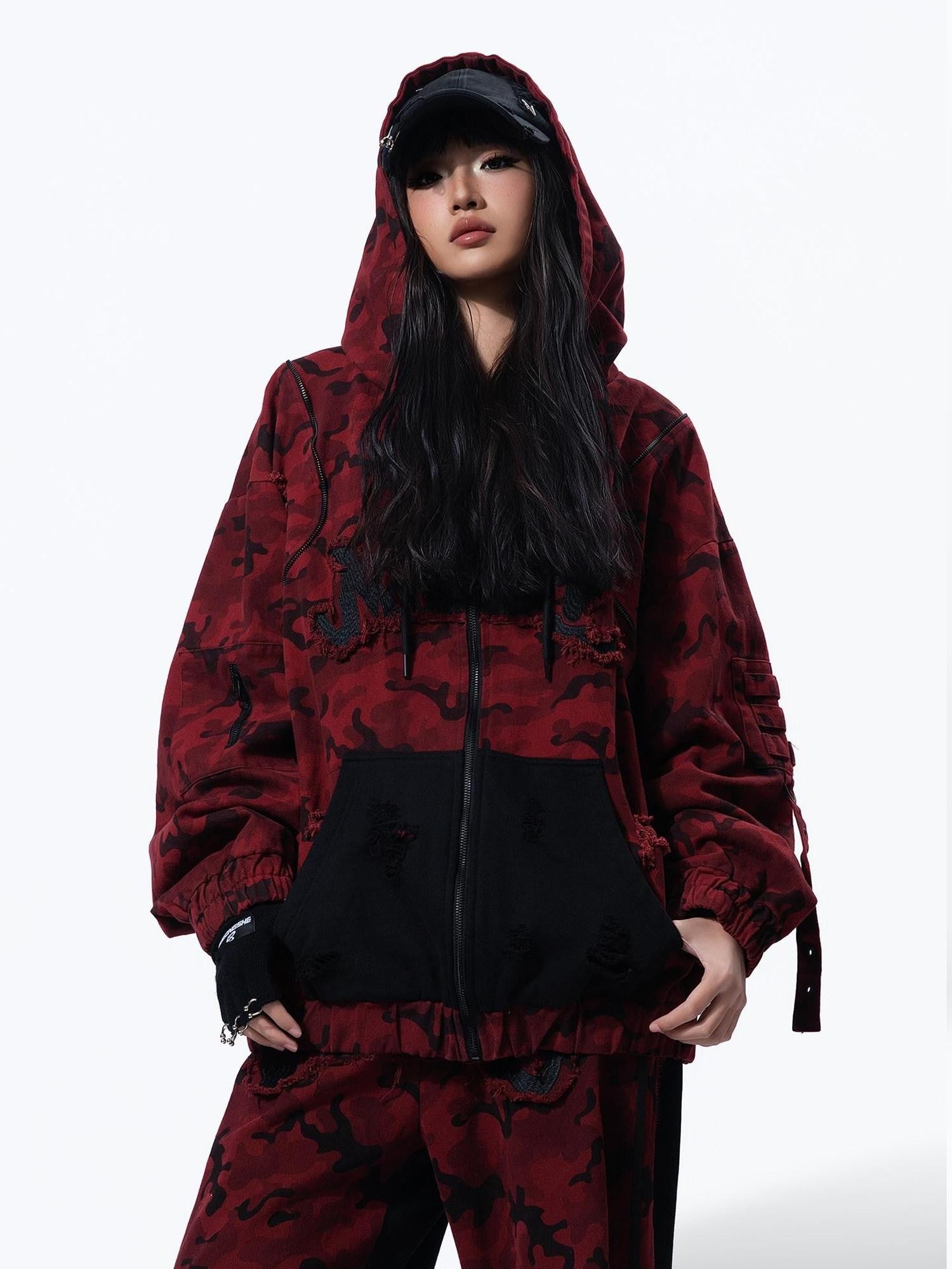MOGONGSHE Red Camo Distressed Oversized High Street Women's Denim Jackets
