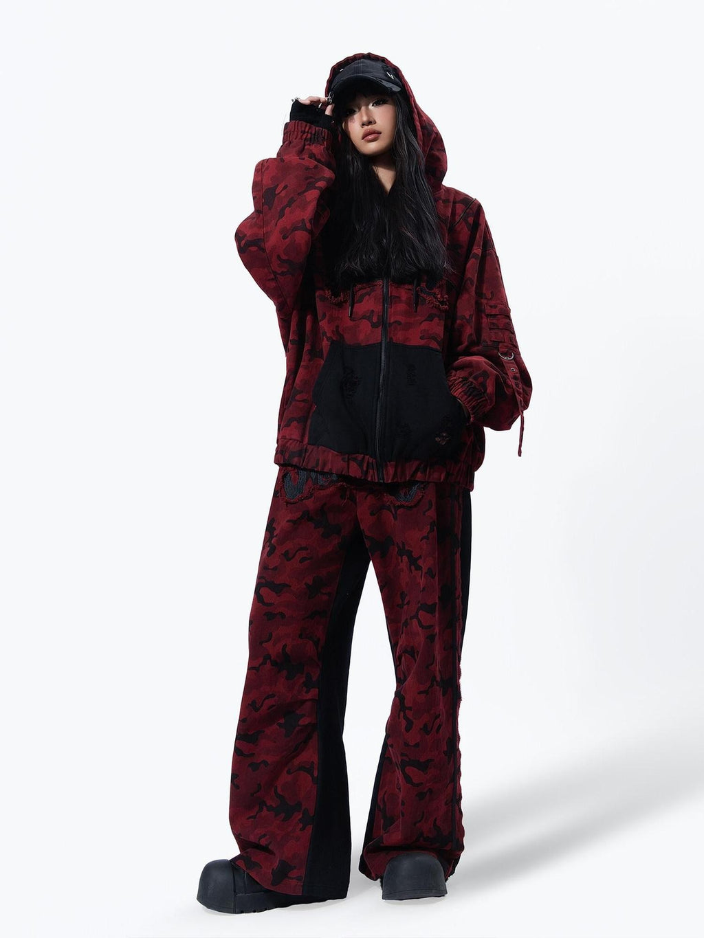 MOGONGSHE Red Camo Distressed Oversized High Street Women's Denim Jackets