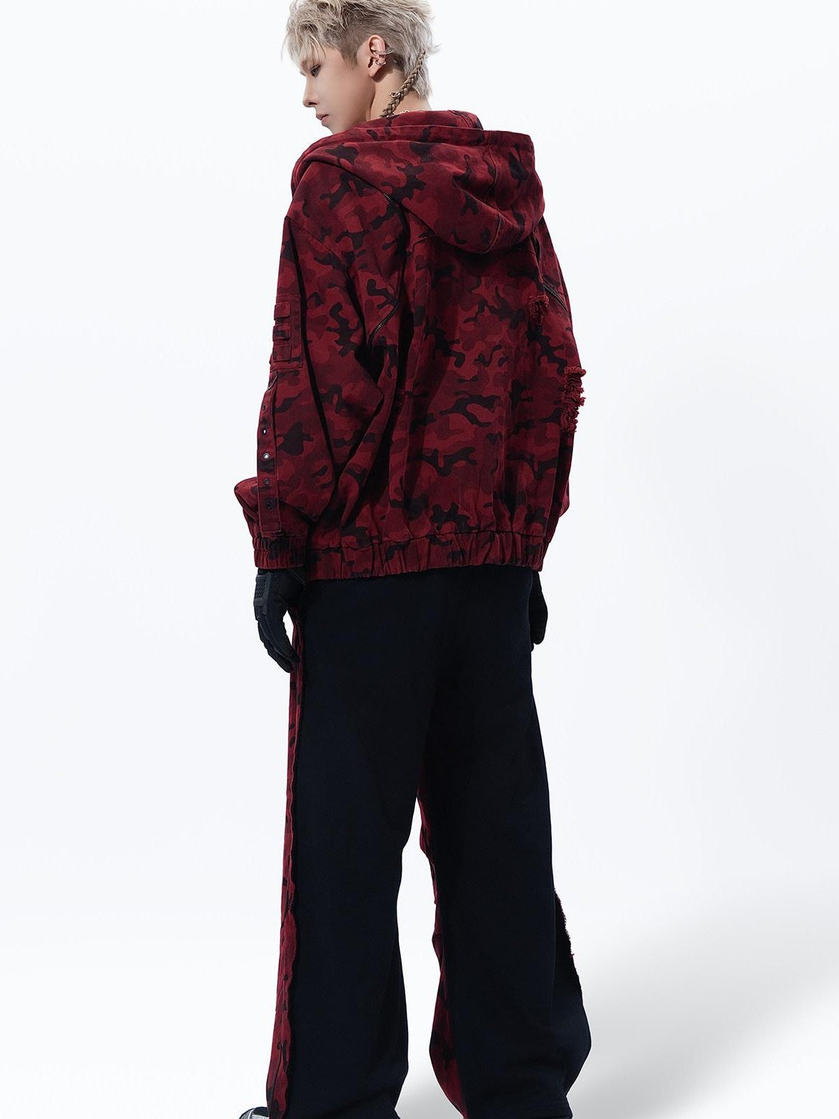 MOGONGSHE Red Camo Distressed Oversized High Street Women's Denim Jackets