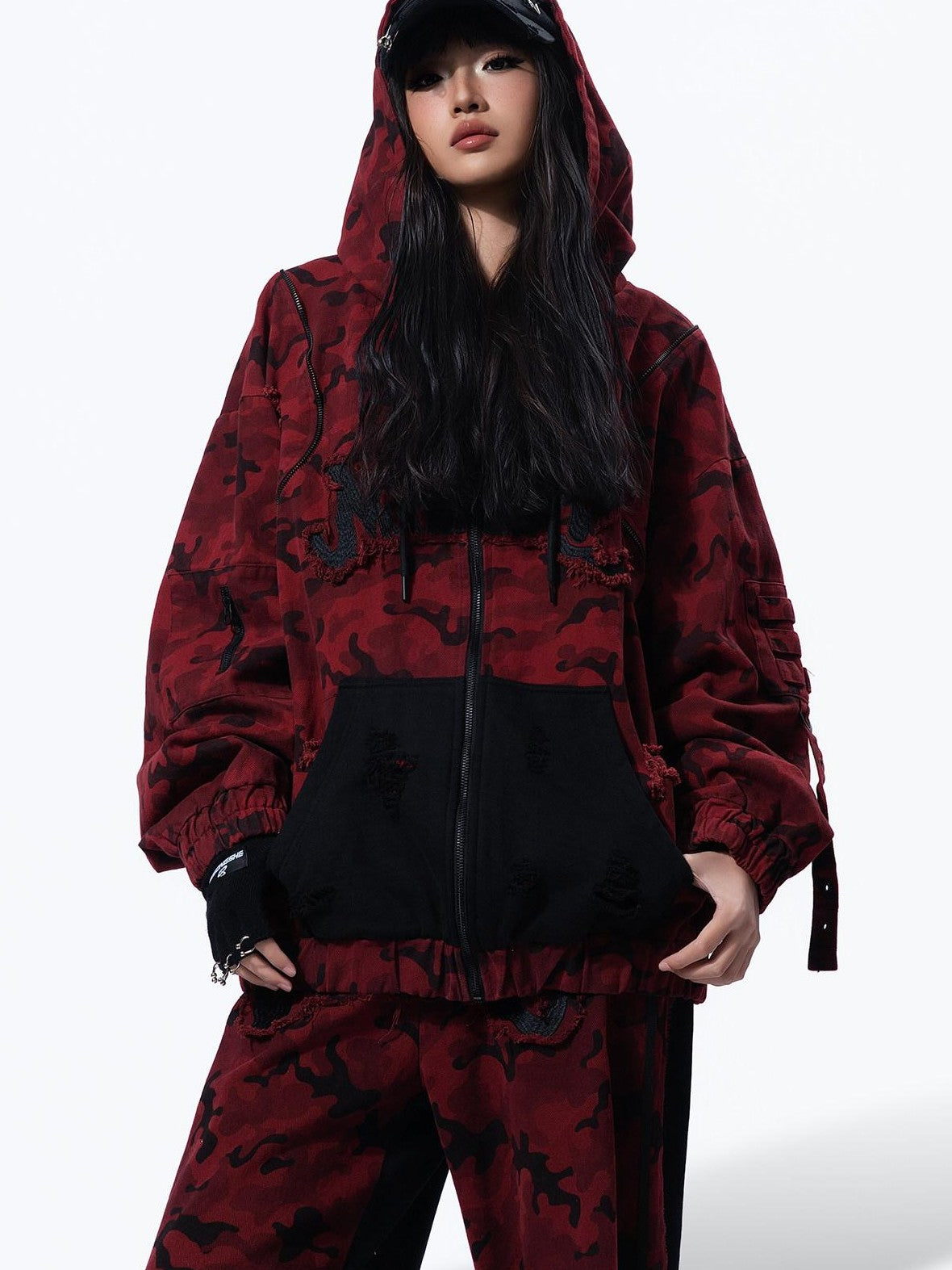 MOGONGSHE Red Camo Distressed Oversized High Street Women's Denim Jackets
