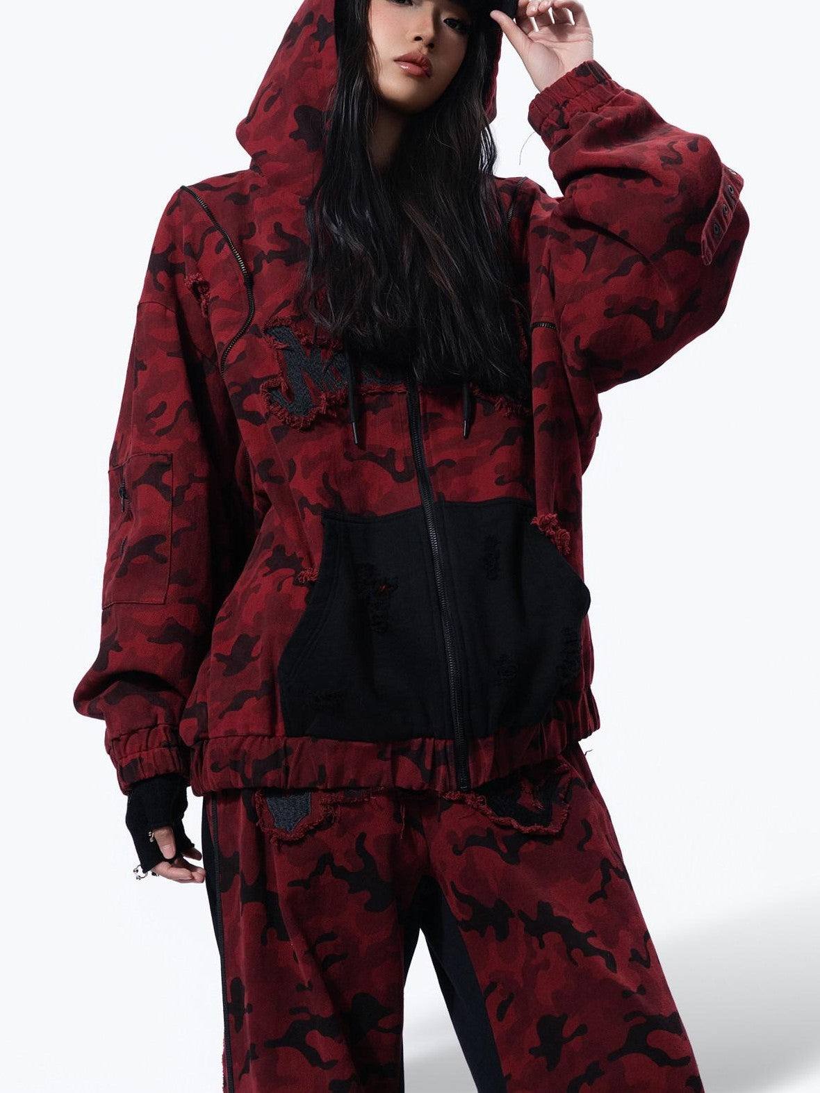 MOGONGSHE Red Camo Distressed Oversized High Street Women's Denim Jackets