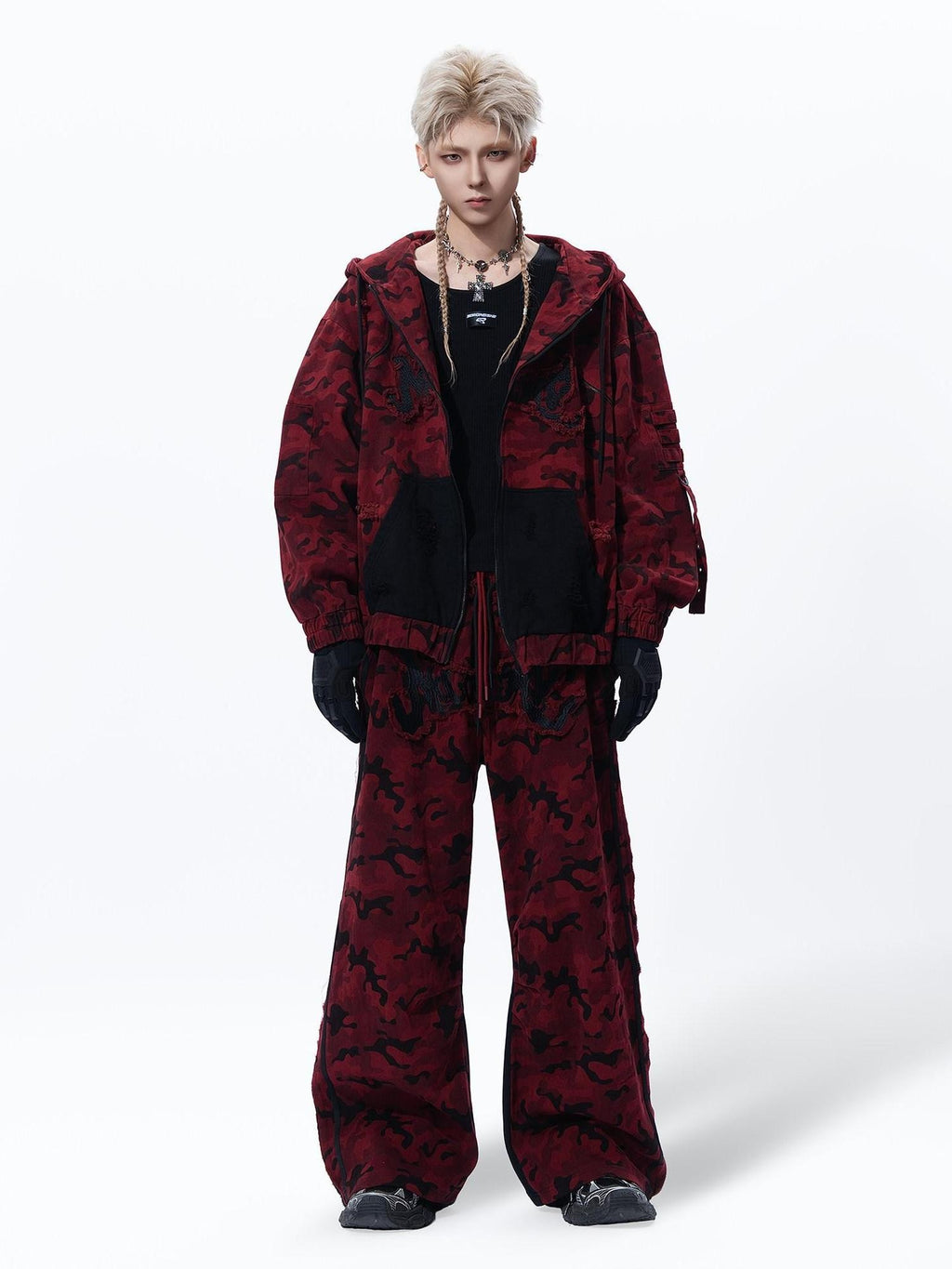 MOGONGSHE Red Camo Dual Waist Colorblock Women's Cotton Drape Wide-leg Jeans