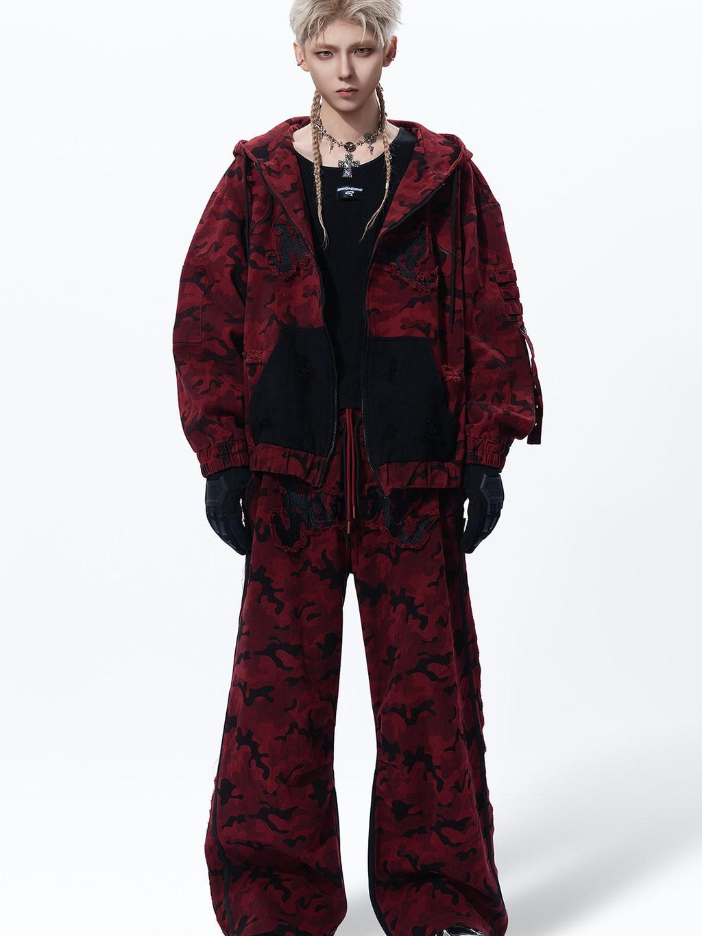 MOGONGSHE Red Camo Dual Waist Colorblock Women's Cotton Drape Wide-leg Jeans