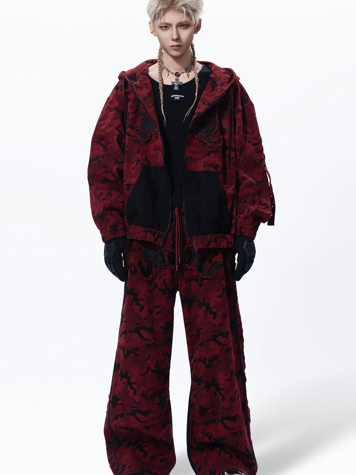 MOGONGSHE Red Camo Dual Waist Colorblock Women's Cotton Drape Wide-leg Jeans