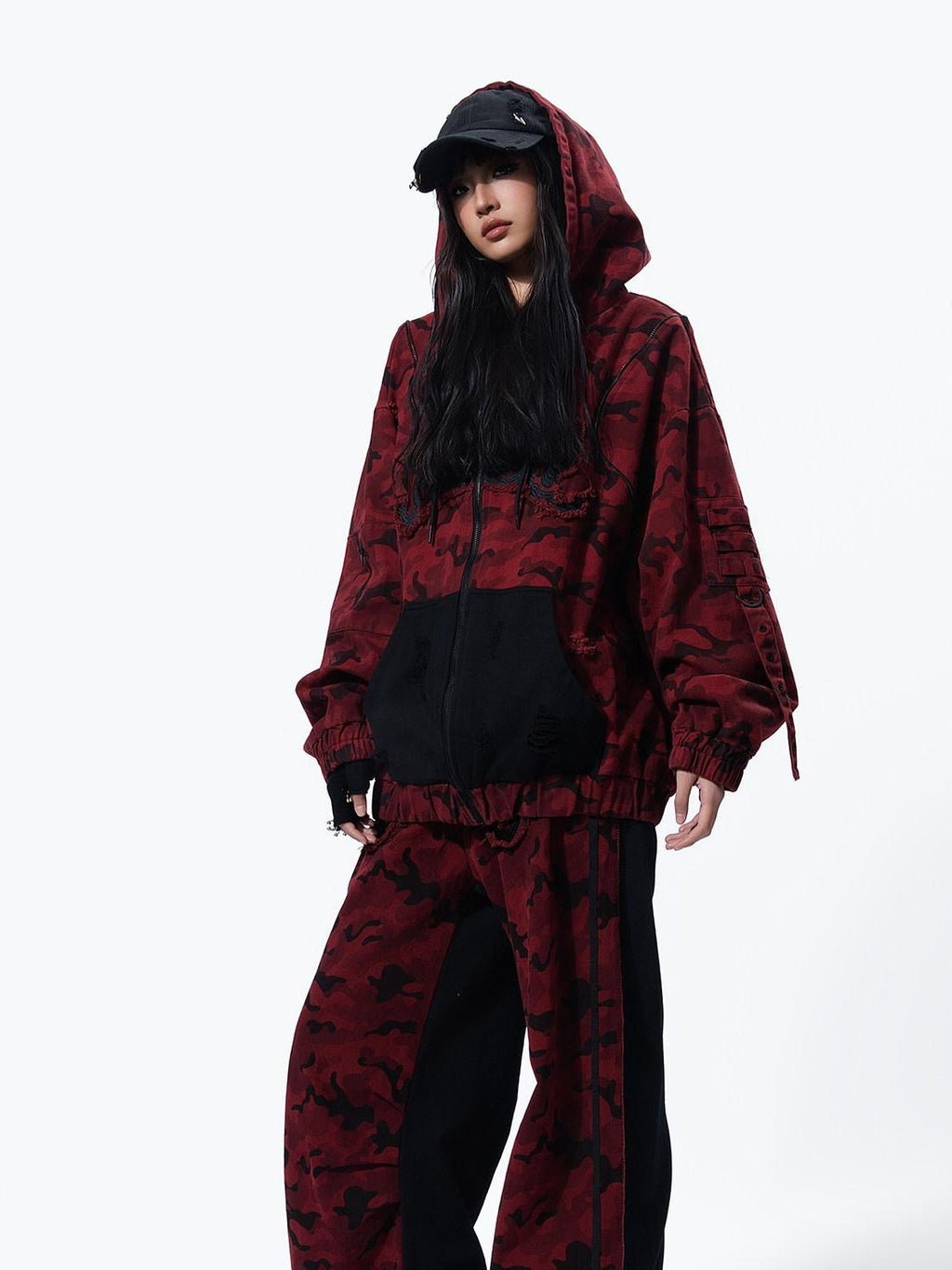 MOGONGSHE Red Camo Dual Waist Colorblock Women's Cotton Drape Wide-leg Jeans