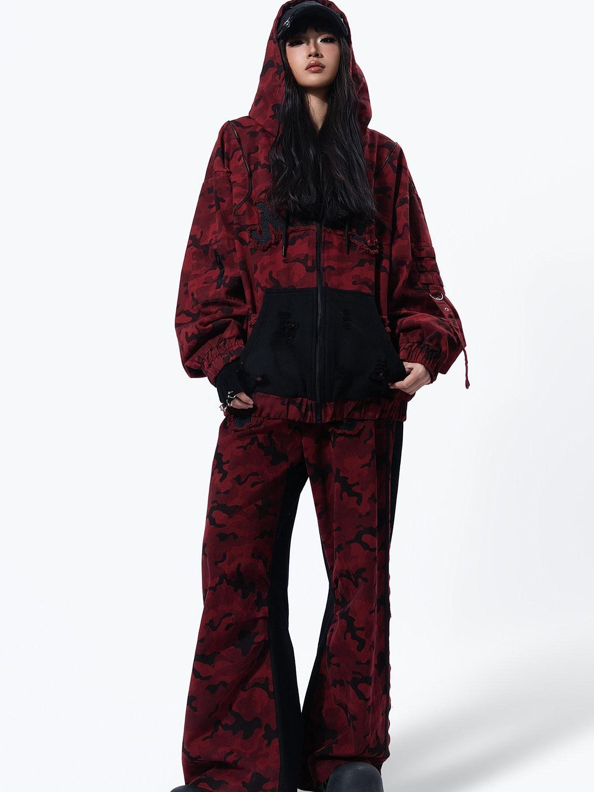 MOGONGSHE Red Camo Dual Waist Colorblock Women's Cotton Drape Wide-leg Jeans