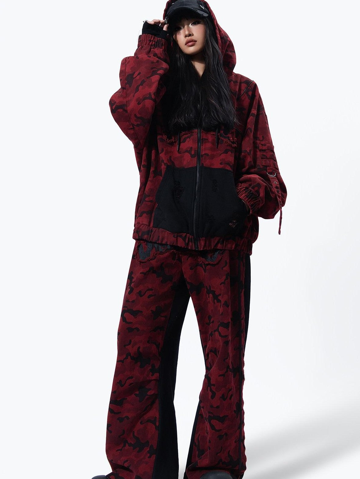 MOGONGSHE Red Camo Dual Waist Colorblock Women's Cotton Drape Wide-leg Jeans