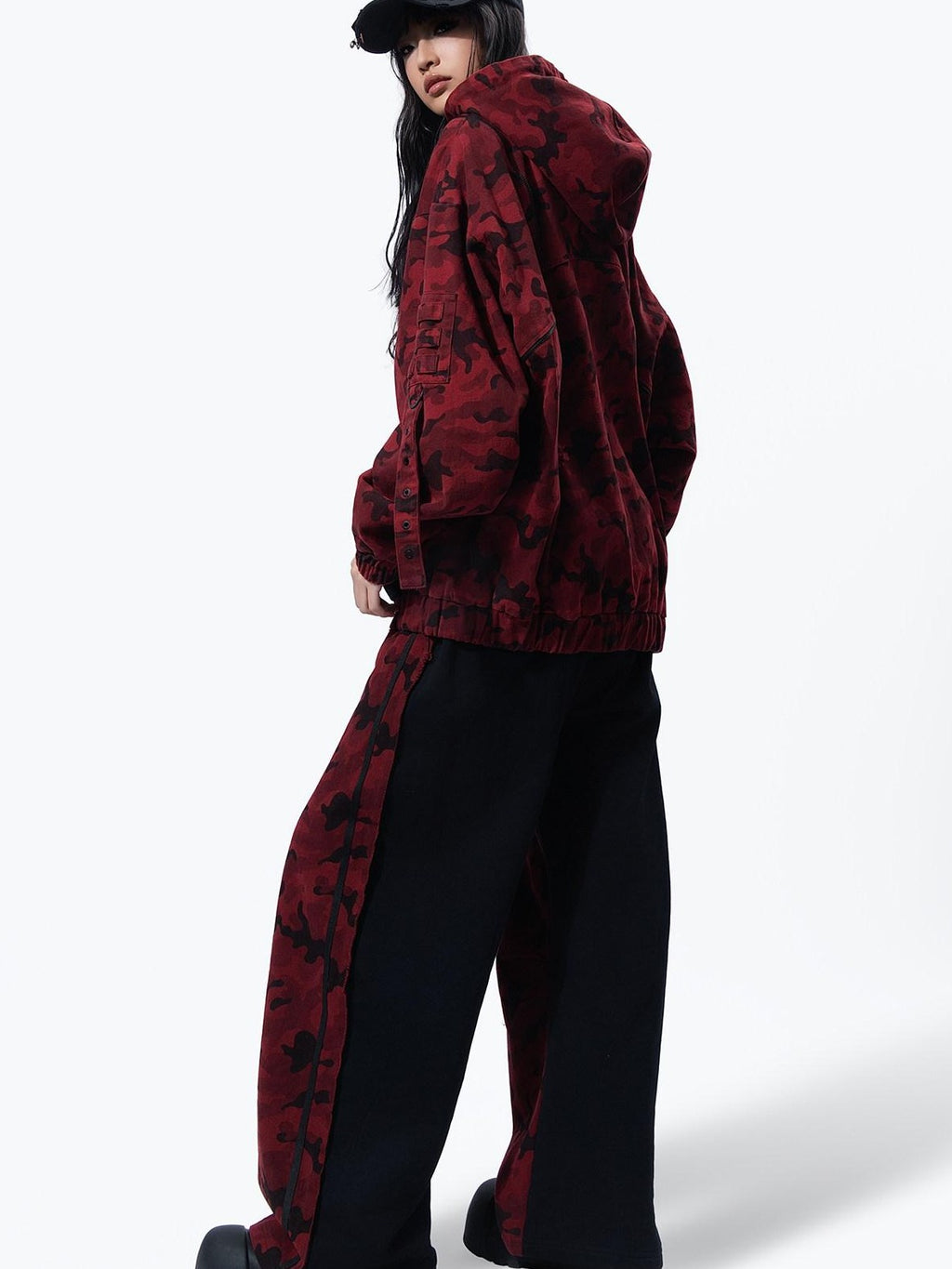 MOGONGSHE Red Camo Dual Waist Colorblock Women's Cotton Drape Wide-leg Jeans
