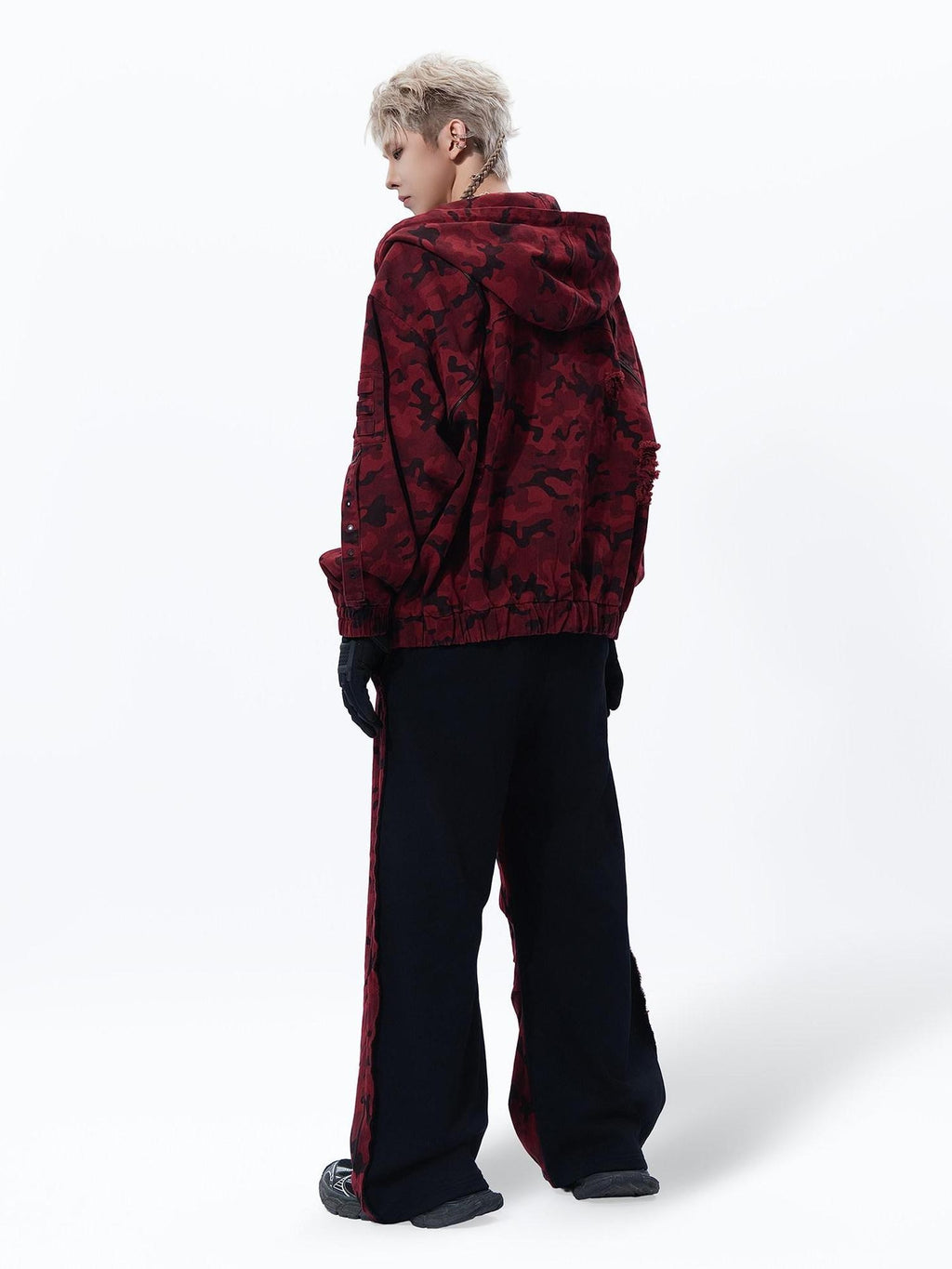 MOGONGSHE Red Camo Dual Waist Colorblock Women's Cotton Drape Wide-leg Jeans