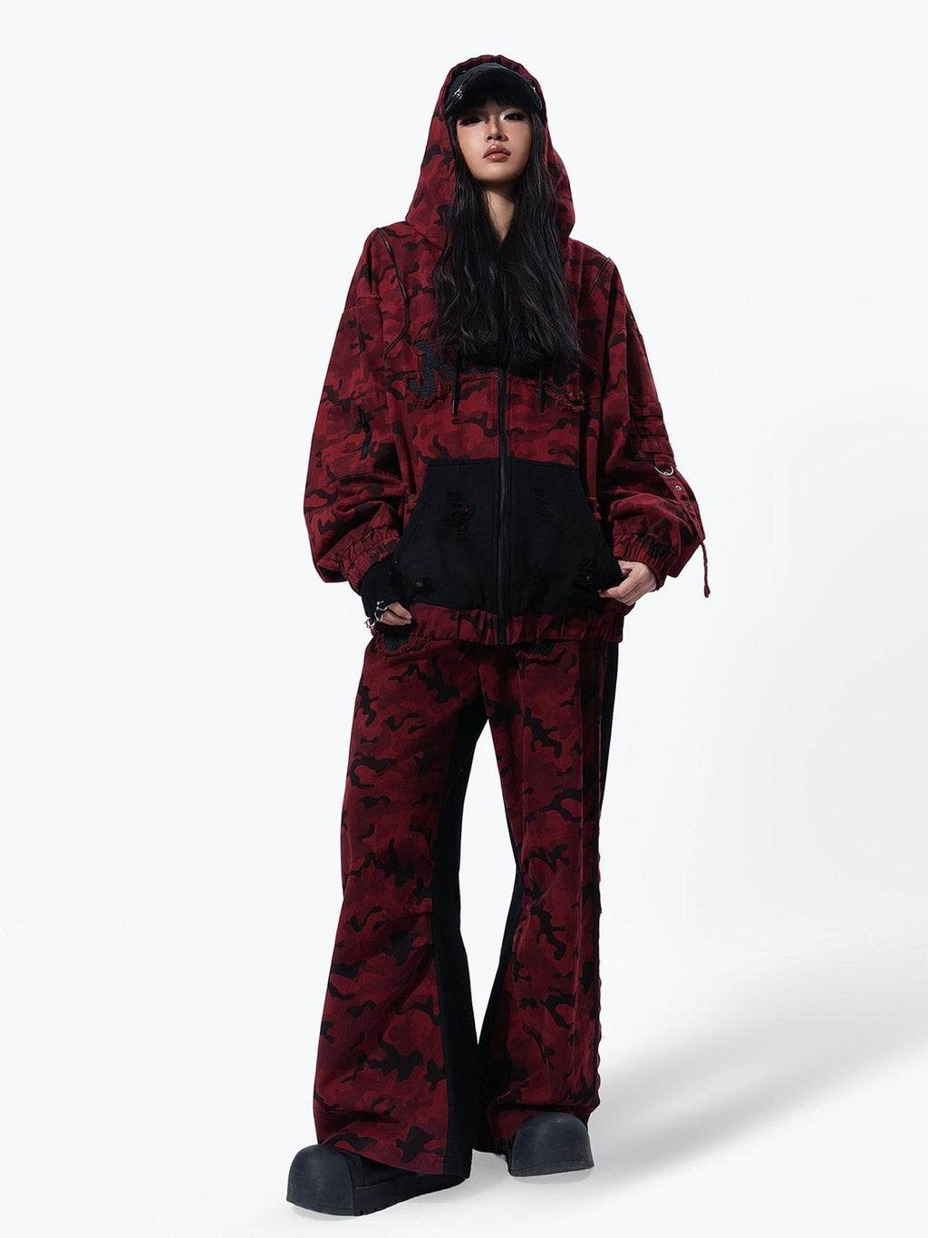 MOGONGSHE Red Camo Dual Waist Colorblock Women's Cotton Drape Wide-leg Jeans