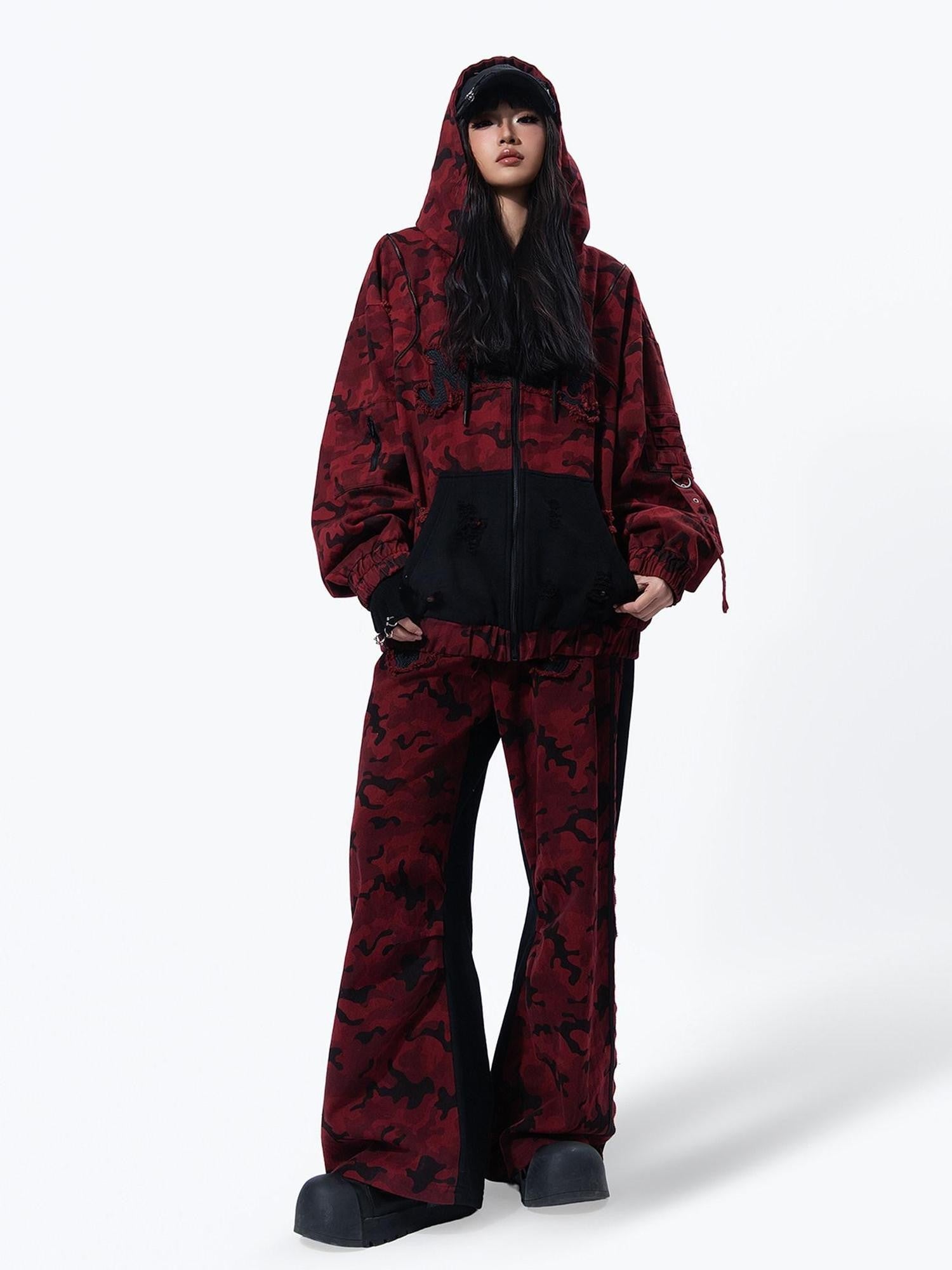 MOGONGSHE Red Camo Dual Waist Colorblock Women's Cotton Drape Wide-leg Jeans