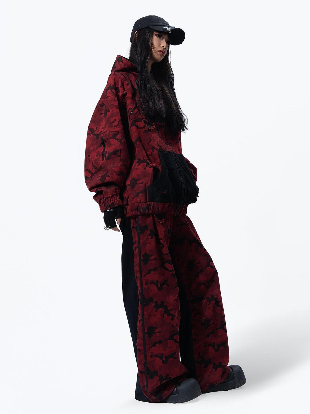 MOGONGSHE Red Camo Dual Waist Colorblock Women's Cotton Drape Wide-leg Jeans
