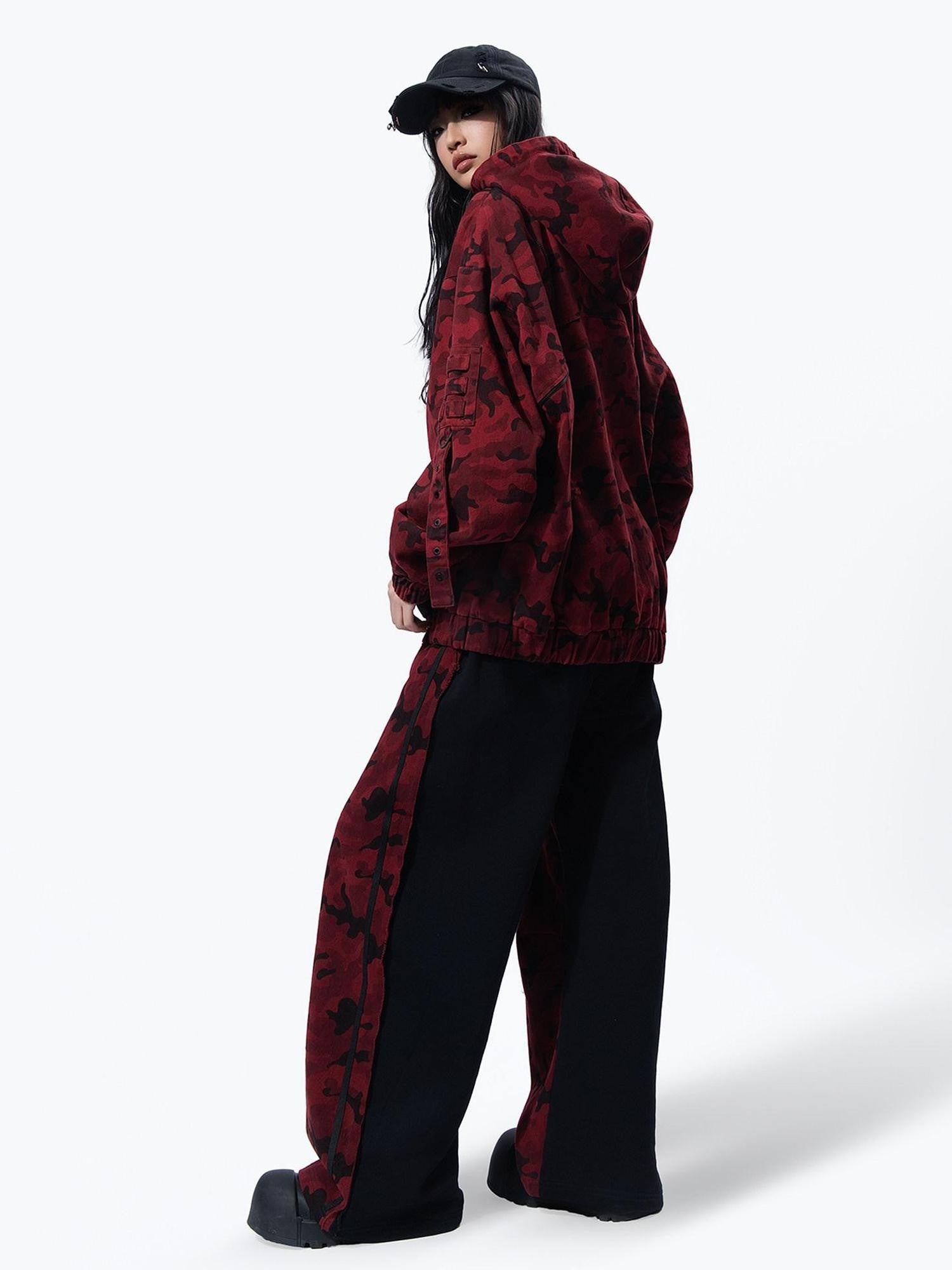 MOGONGSHE Red Camo Dual Waist Colorblock Women's Cotton Drape Wide-leg Jeans