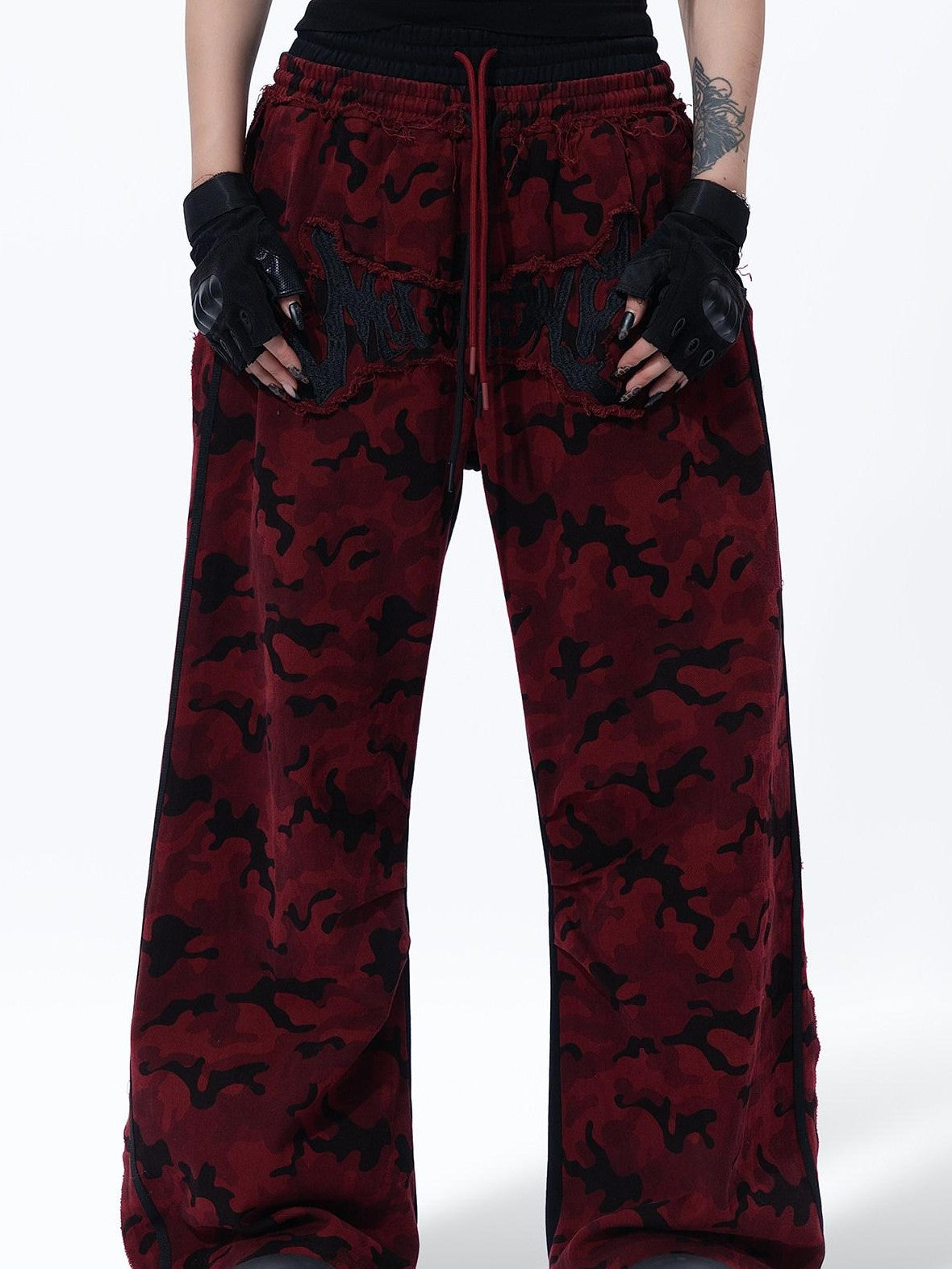 MOGONGSHE Red Camo Dual Waist Colorblock Women's Cotton Drape Wide-leg Jeans