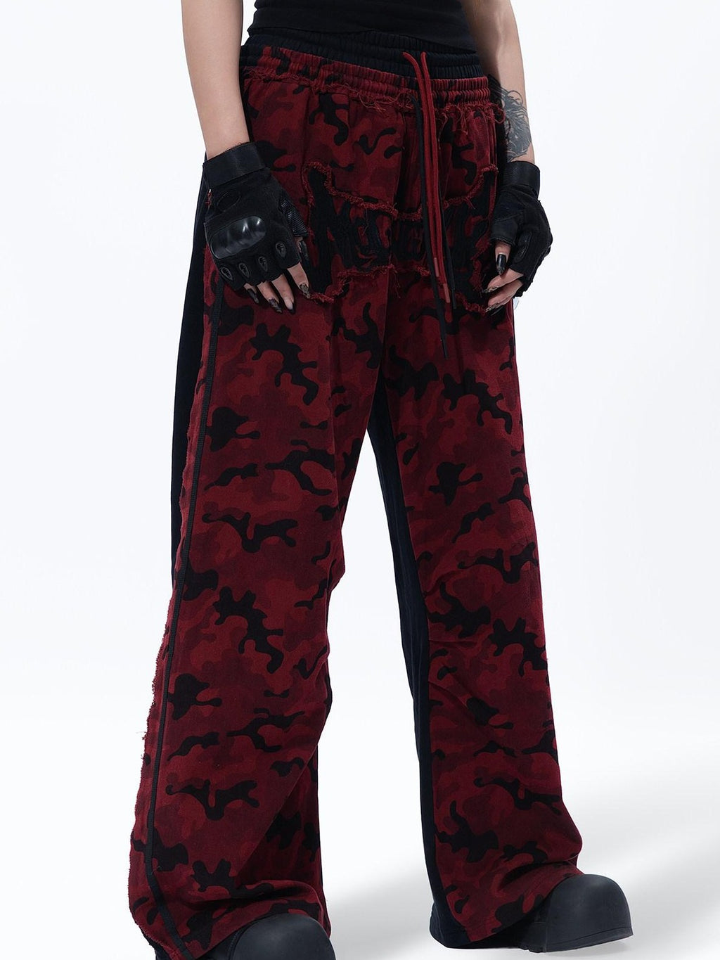 MOGONGSHE Red Camo Dual Waist Colorblock Women's Cotton Drape Wide-leg Jeans