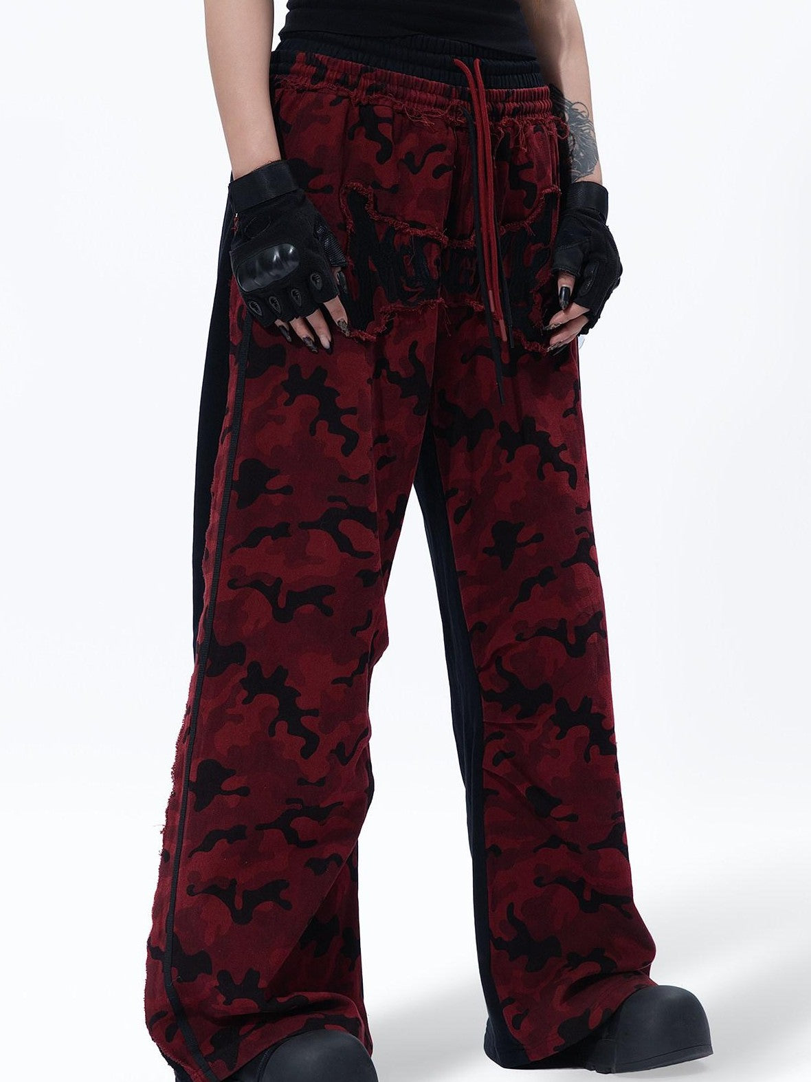 MOGONGSHE Red Camo Dual Waist Colorblock Women's Cotton Drape Wide-leg Jeans