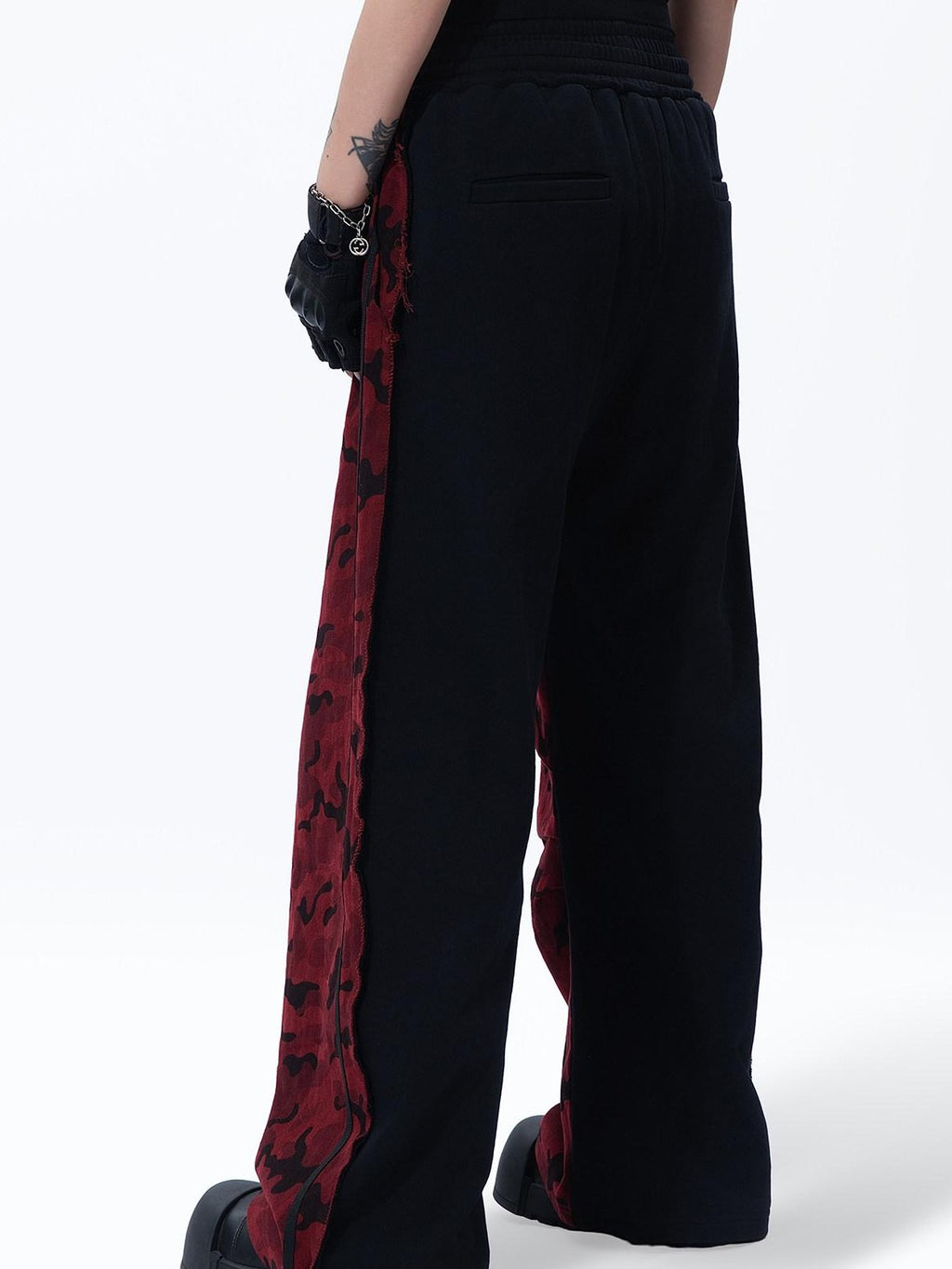 MOGONGSHE Red Camo Dual Waist Colorblock Women's Cotton Drape Wide-leg Jeans