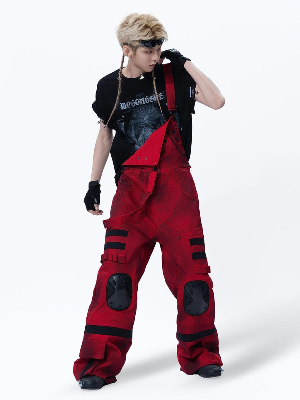 MOGONGSHE Red Cyberpunk Multi Strap Knee Pad Suspender Women's Cargo Pants