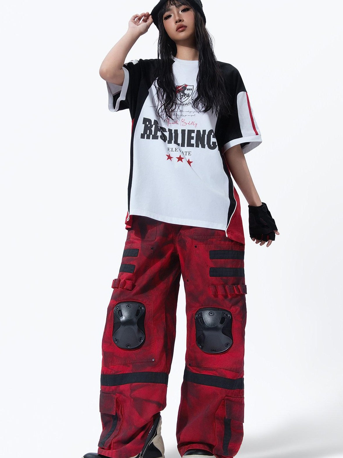 MOGONGSHE Red Cyberpunk Multi Strap Knee Pad Suspender Women's Cargo Pants