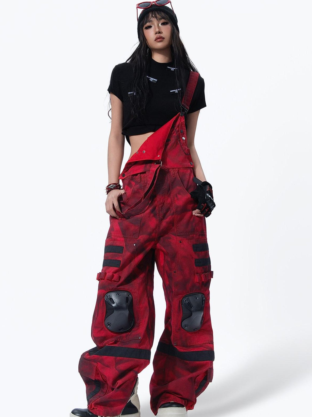 MOGONGSHE Red Cyberpunk Multi Strap Knee Pad Suspender Women's Cargo Pants