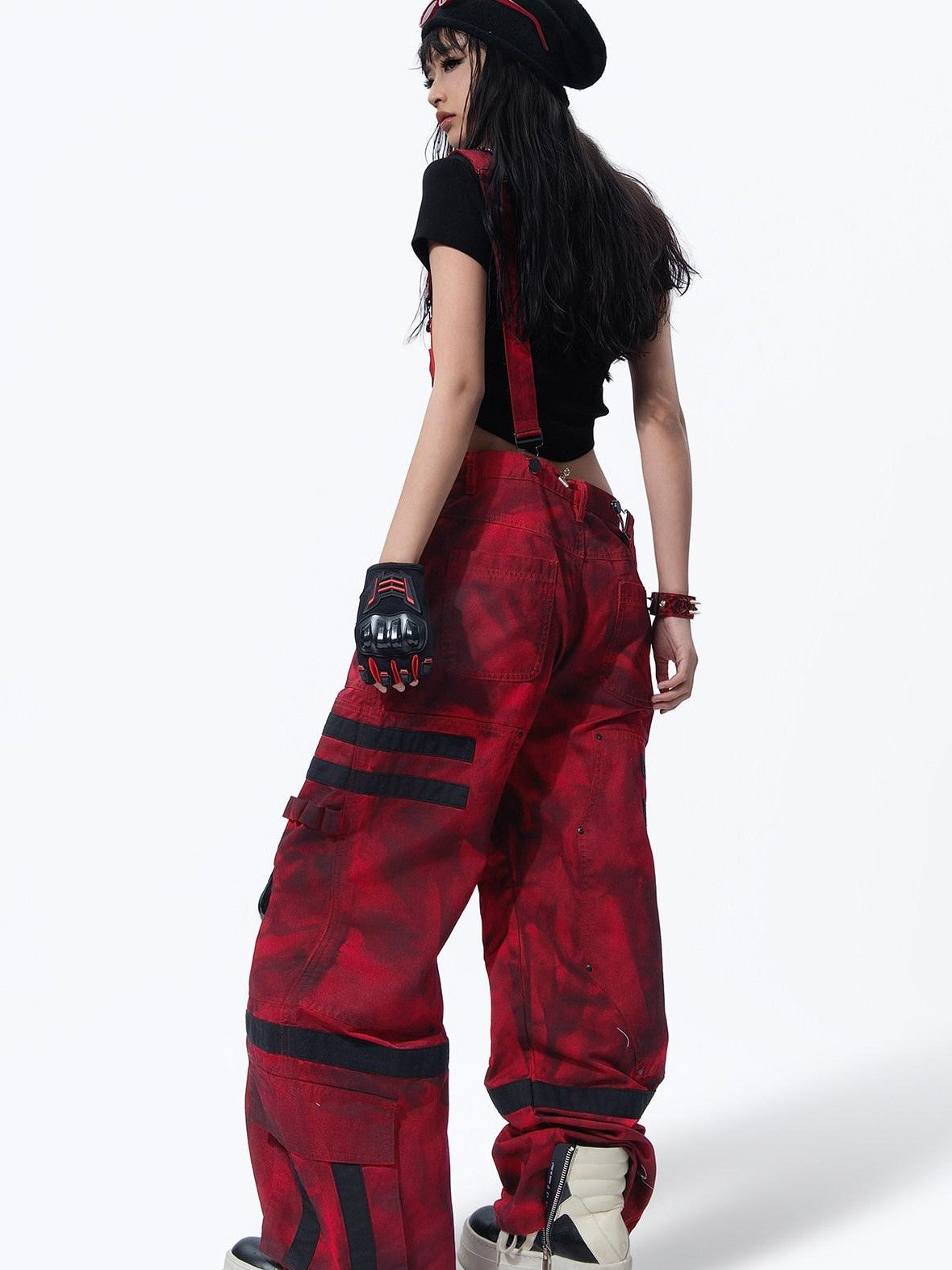 MOGONGSHE Red Cyberpunk Multi Strap Knee Pad Suspender Women's Cargo Pants