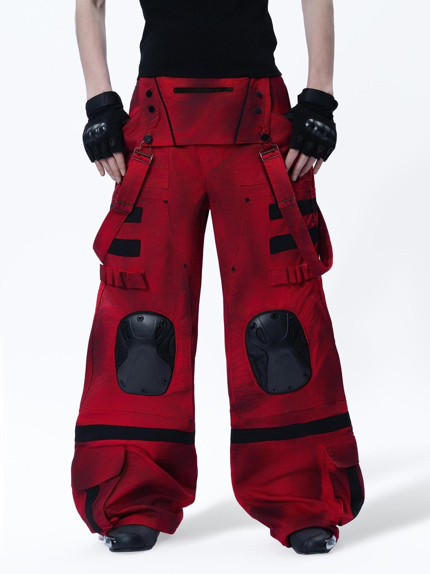 MOGONGSHE Red Cyberpunk Multi Strap Knee Pad Suspender Women's Cargo Pants