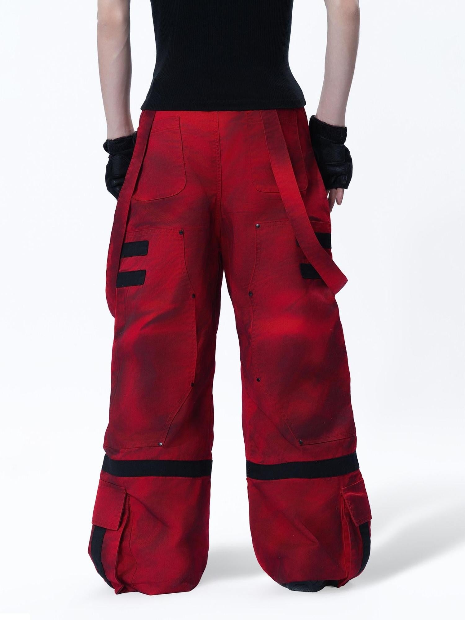 MOGONGSHE Red Cyberpunk Multi Strap Knee Pad Suspender Women's Cargo Pants