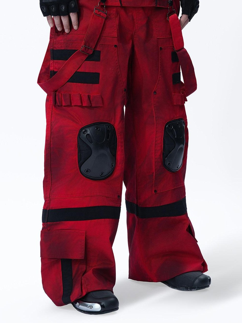 MOGONGSHE Red Cyberpunk Multi Strap Knee Pad Suspender Women's Cargo Pants