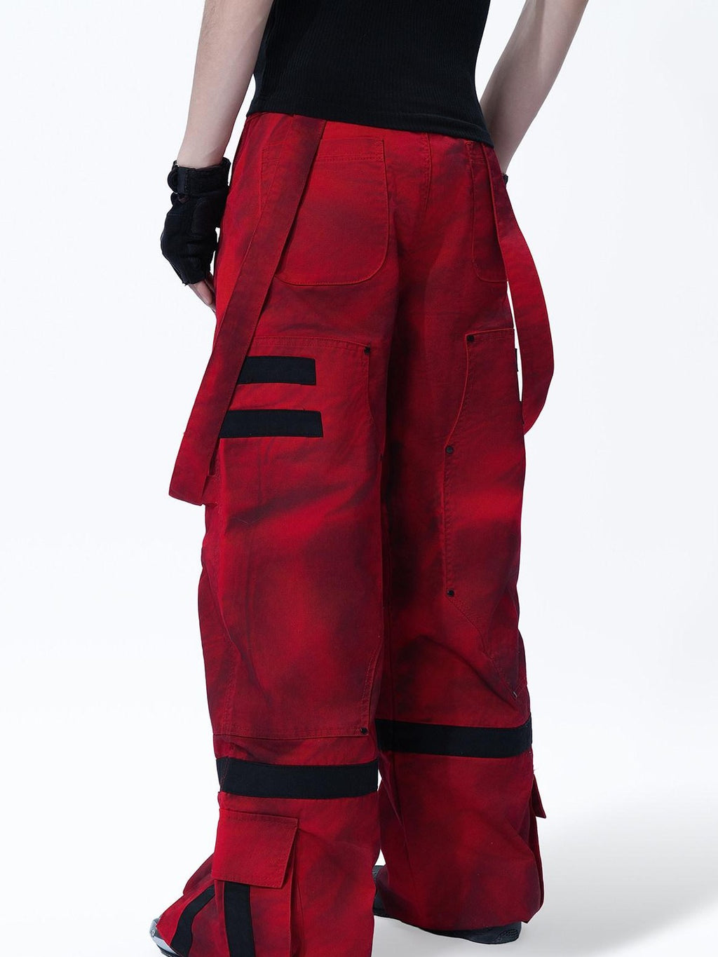 MOGONGSHE Red Cyberpunk Multi Strap Knee Pad Suspender Women's Cargo Pants