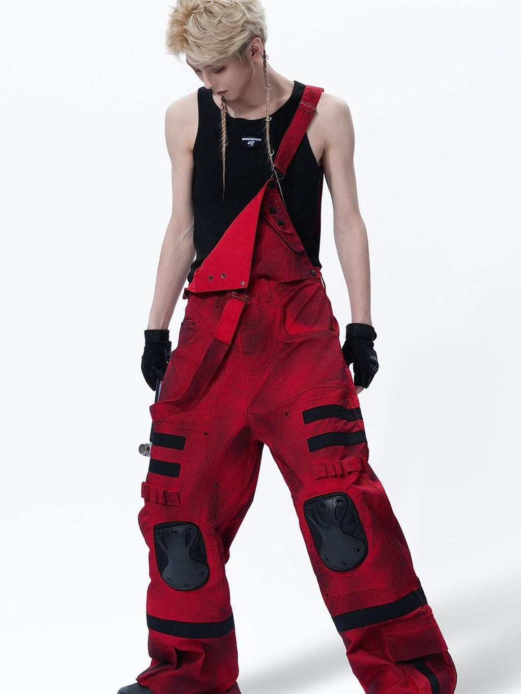 MOGONGSHE Red Cyberpunk Multi Strap Knee Pad Suspender Women's Cargo Pants
