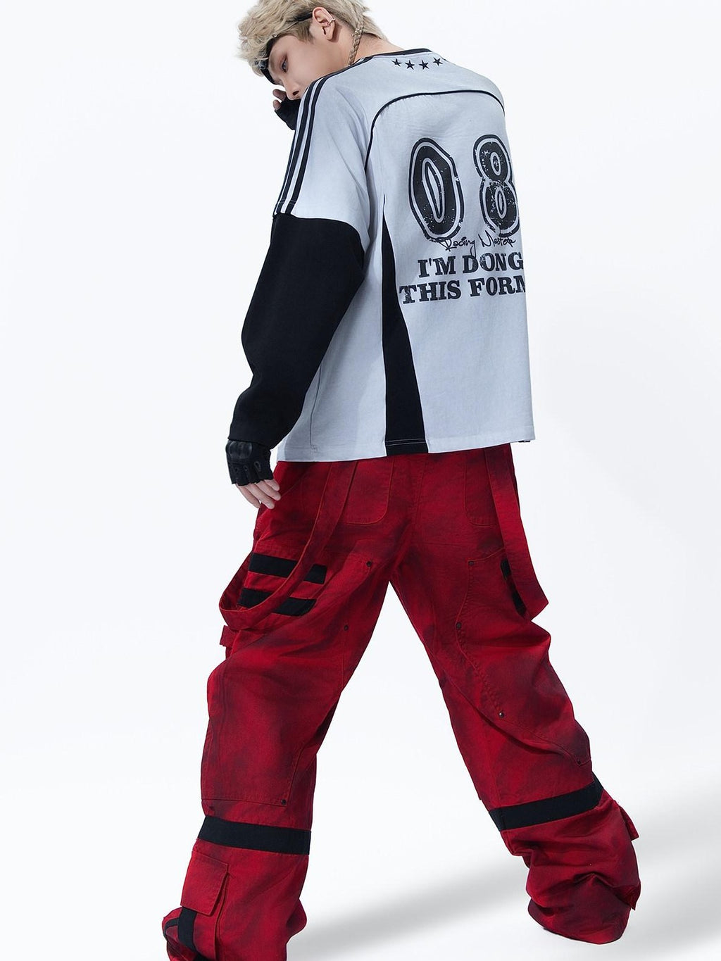 MOGONGSHE Red Cyberpunk Multi Strap Knee Pad Suspender Women's Cargo Pants