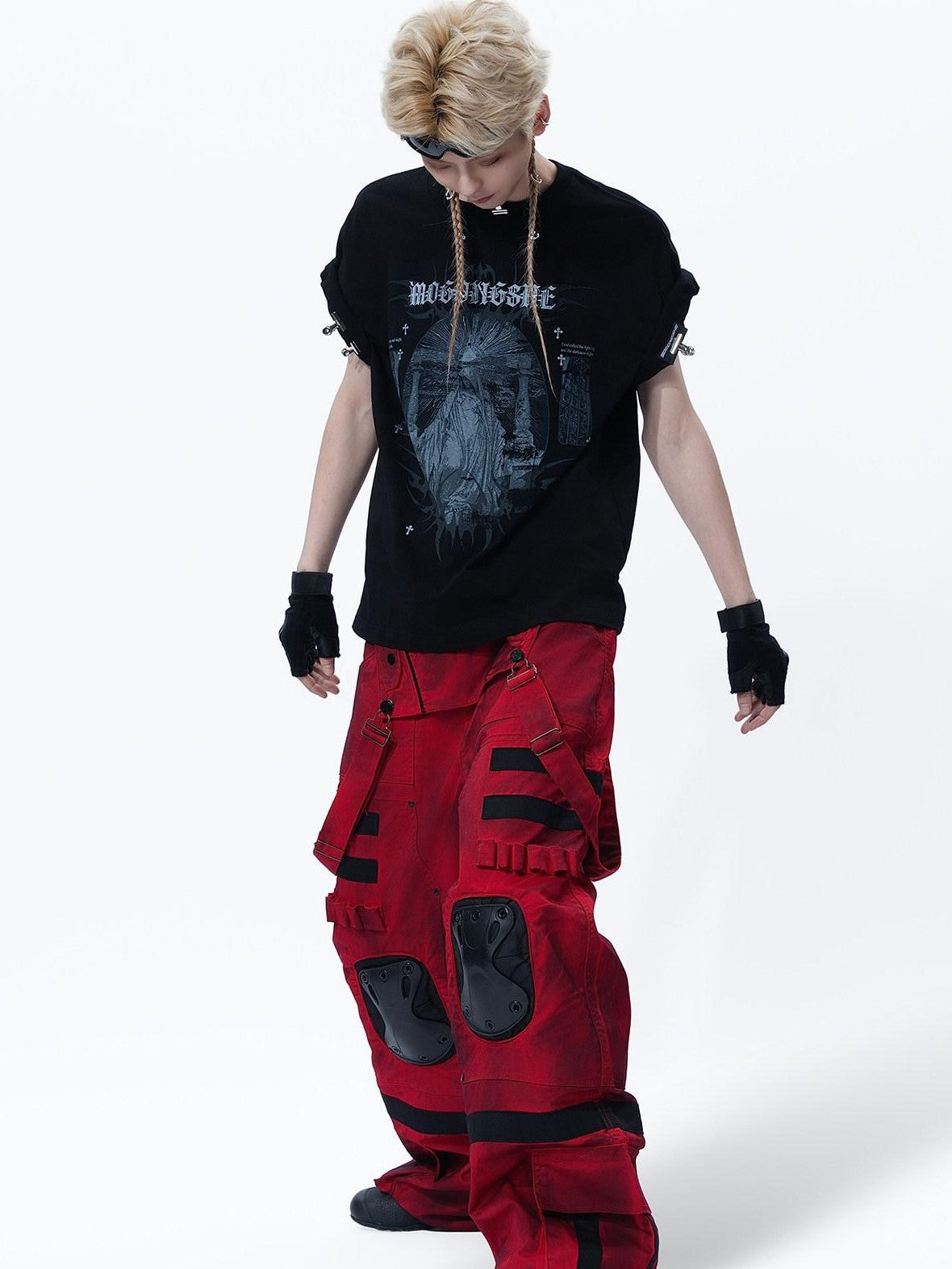 MOGONGSHE Red Cyberpunk Multi Strap Knee Pad Suspender Women's Cargo Pants