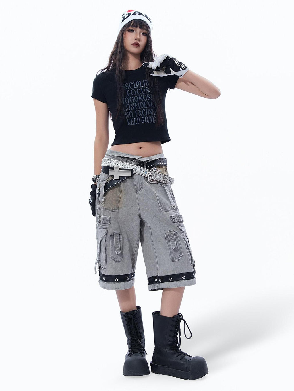 MOGONGSHE Retro Asian Letter Print Alternative Slim Fit Half Sleeve Women's Crop Tops