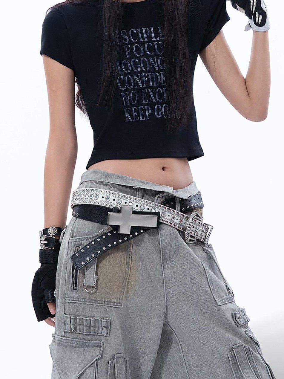 MOGONGSHE Retro Asian Letter Print Alternative Slim Fit Half Sleeve Women's Crop Tops