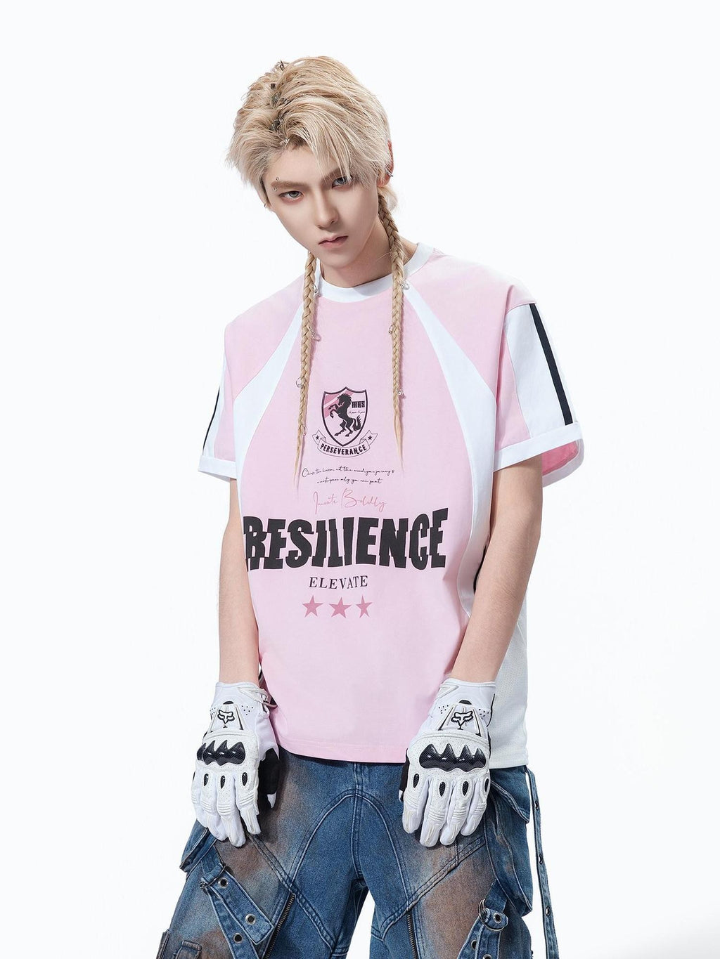 MOGONGSHE Retro Colorblock Jersey Print Oversized Women's Cotton Short Sleeve T-shirts