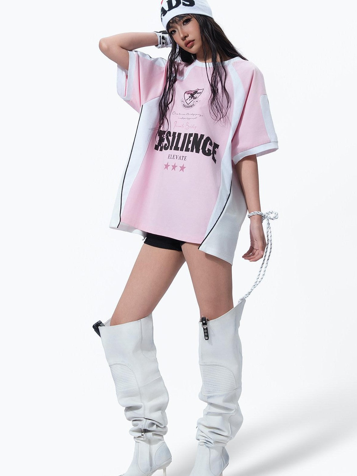 MOGONGSHE Retro Colorblock Jersey Print Oversized Women's Cotton Short Sleeve T-shirts