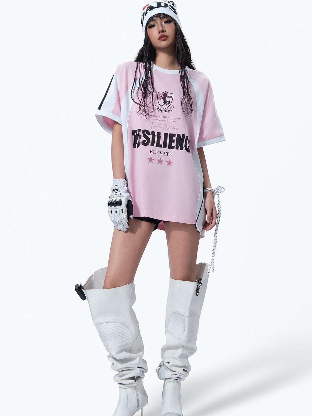 MOGONGSHE Retro Colorblock Jersey Print Oversized Women's Cotton Short Sleeve T-shirts