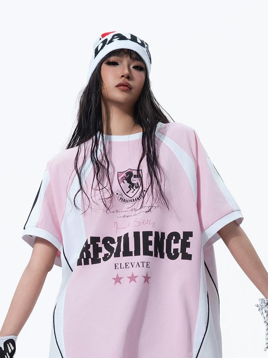 MOGONGSHE Retro Colorblock Jersey Print Oversized Women's Cotton Short Sleeve T-shirts