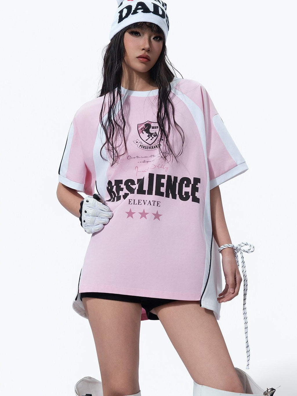 MOGONGSHE Retro Colorblock Jersey Print Oversized Women's Cotton Short Sleeve T-shirts