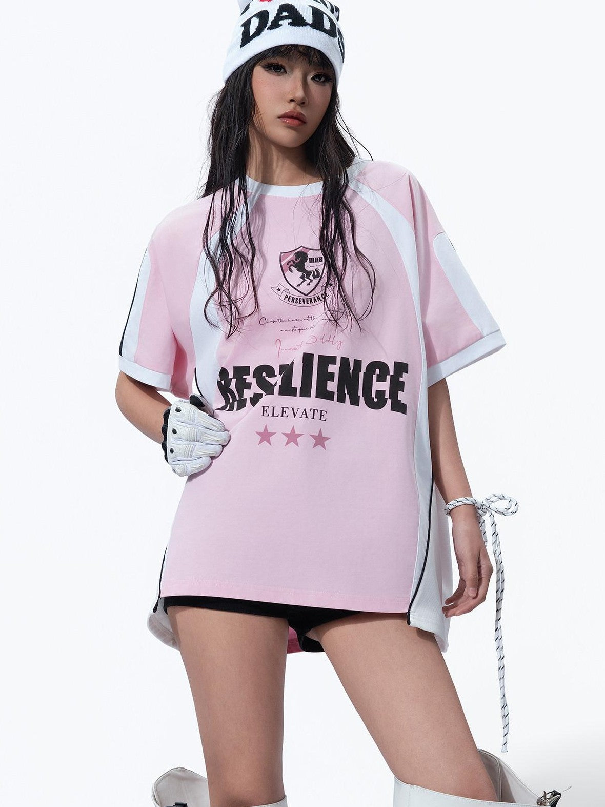 MOGONGSHE Retro Colorblock Jersey Print Oversized Women's Cotton Short Sleeve T-shirts
