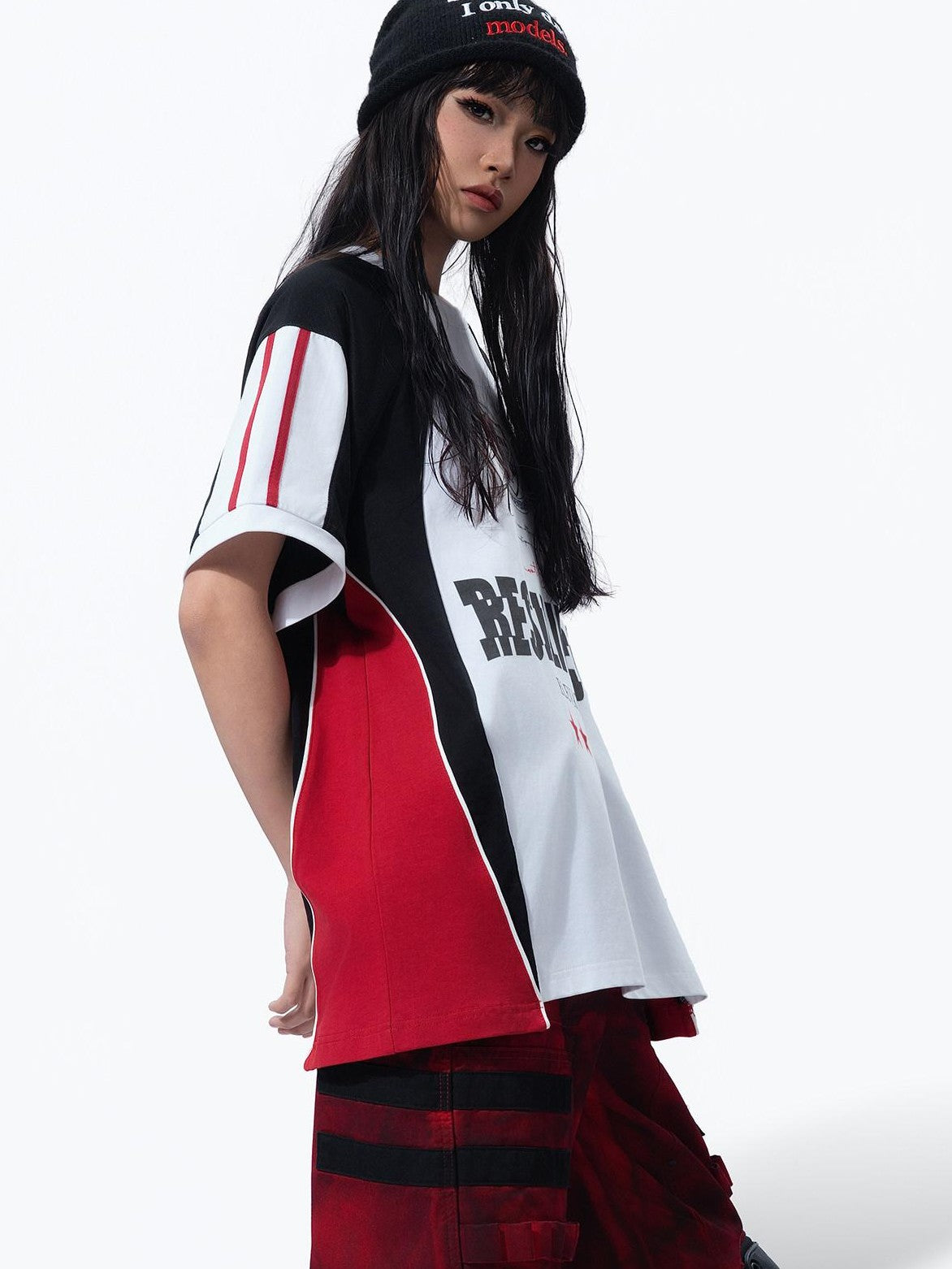 MOGONGSHE Retro Colorblock Jersey Print Oversized Women's Cotton Short Sleeve T-shirts