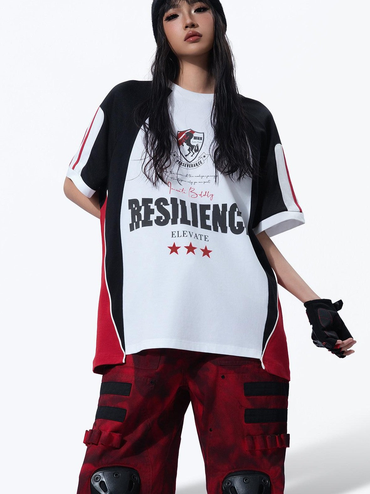 MOGONGSHE Retro Colorblock Jersey Print Oversized Women's Cotton Short Sleeve T-shirts