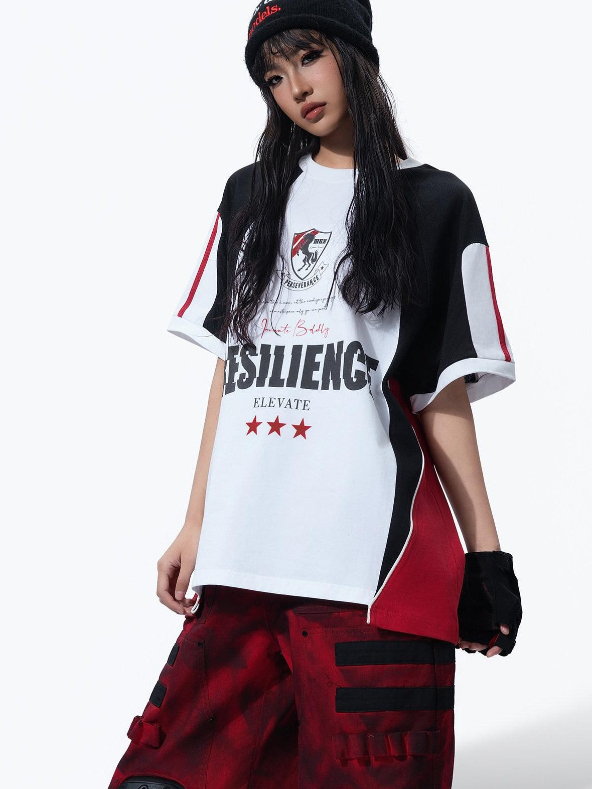 MOGONGSHE Retro Colorblock Jersey Print Oversized Women's Cotton Short Sleeve T-shirts